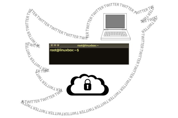 Twitter outline with a laptop, Linux terminal, and cloud symbol with lock inside